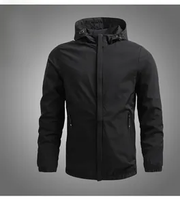 Detailed front view of a lightweight black hooded jacket with zippers and elastic cuffs