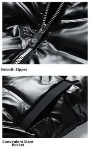 Detail of high-gloss black vest showing smooth metal zipper and convenient side pockets