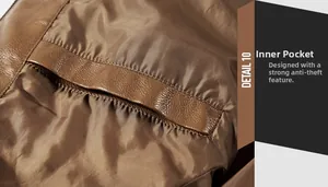 Detail view of men's leather jacket showing the secure inner pocket and satin lining