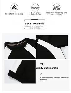 Detail of crew neck and raglan sleeve stitching on breathable black and white sports top
