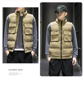 Detailed close-up and full view of khaki hooded down vest with large cargo pockets