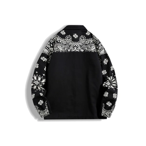 Men's black streetwear jacket featuring large white paisley mandala prints on sleeves and back