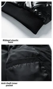 Detail of elastic ribbed hem and secure inner pocket on black men's winter vest