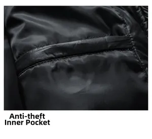 Vue macro détaillée de la poche intérieure antivol de cette veste noire pour hommes