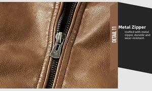 Macro shot of durable silver metal zipper and textured brown PU leather jacket detail