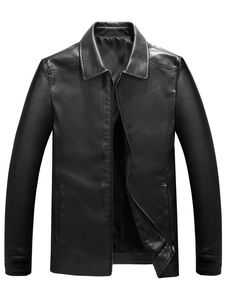 Men Casual PU Leather Jacket Lapel Collar Zipper Outerwear Solid Color Faux Leather Coat Business Fashion Men Jackets