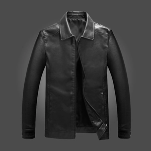 Classic men's black PU leather jacket featuring a lapel collar and casual business style