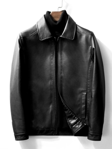 Men's classic black PU leather jacket with lapel collar and zipper closure in high detail