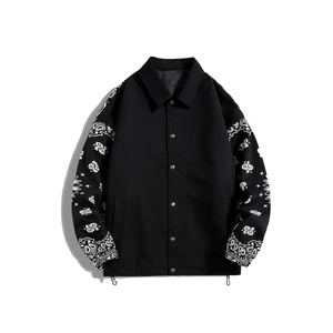 Men's casual black jacket with paisley print sleeves and metal buttons for autumn