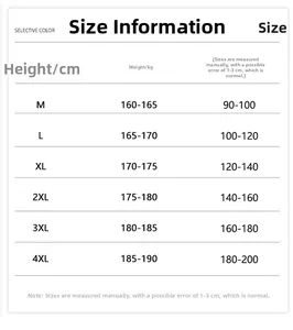 Size chart table for men's casual cotton tracksuit set including M to 4XL dimensions