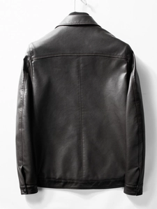 Classic dark brown men's faux leather jacket with lapel collar and sleek back seam detail