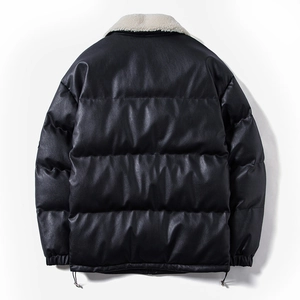 Men's black PU leather puffer jacket with white fleece collar and ribbed cuffs back view