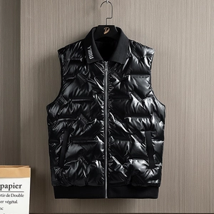Men's Glossy Quilted Down Vest Fashion Metallic Stand Collar Sleeveless Padded Puffer Gilet With Letter Embossed Design Winter Warm Jacket