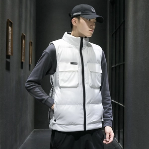 Men's white thickened puffer vest with standing collar and large utility pockets