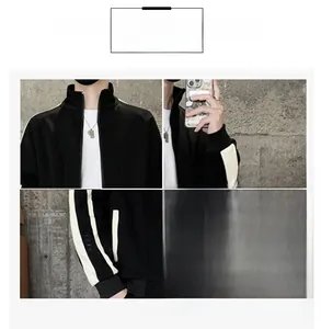 Detailed views of zipper stand collar and striped side ribbons on black sports jacket