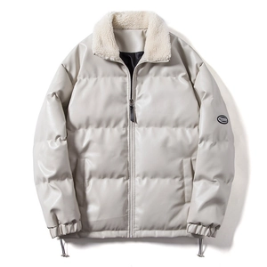 Men's thickened leather jacket with fleece collar and windproof PU fabric in beige