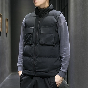 Men's thick black quilted vest with stand collar and flap pockets for winter casual wear