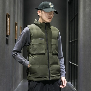 Men's quilted military green utility vest with standing collar and large cargo pockets