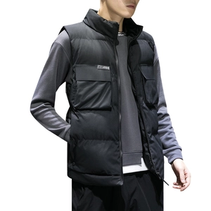 Men's thickened black puffer vest with stand collar and large cargo pockets in a loose fit