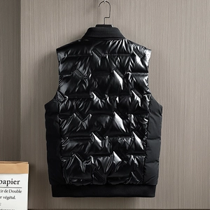 Men's black shiny down vest with COEXIST embossed pattern and stylish ribbed knit trim