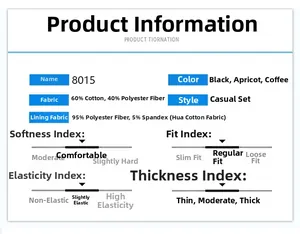 Detailed fabric chart for casual suit 8015 showing cotton blend quality and size specs