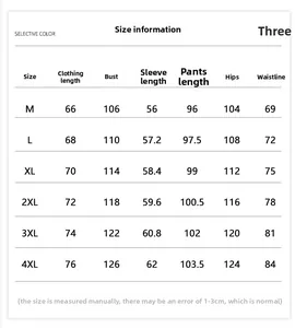 Size chart for casual sports tracksuit with measurements for length, chest, and waist