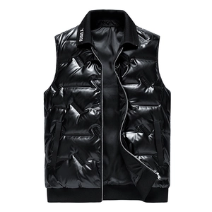 Men's glossy black down vest featuring standing collar and embossed lettering design