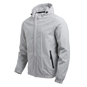 Men's lightweight grey hooded windbreaker jacket with sleek sporty zip-up design