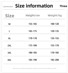 Size chart for men's casual tracksuit featuring height and weight guide from M to 4XL