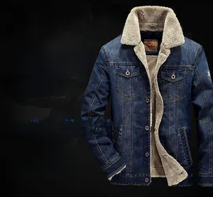 Detail view of denim jacket featuring warm sherpa lining and metal button closure