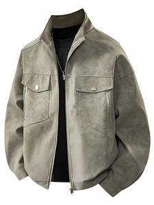 Herren Vintage Arbeitsjacke aus grauem mattem PU-Leder mit Stehkragen und Taschen