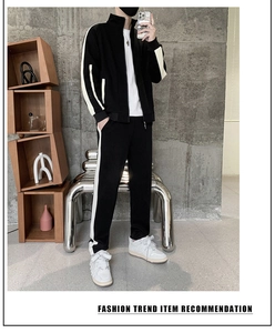 Men's black sportswear set featuring a stand-up collar jacket and white side stripes