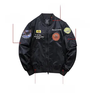 Close-up of MA1 bomber jacket featuring detailed embroidery and heavy metal zipper