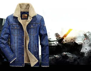 Detail of men's slim fit denim jacket with warm faux lamb wool collar and metal buttons