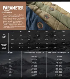 Detailed size chart for men winter fleece-lined jacket including length and weight suggestions