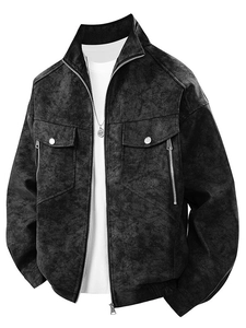 Vintage-Arbeitsjacke für Herren aus grauem mattem PU-Leder mit Stehkragen und Details