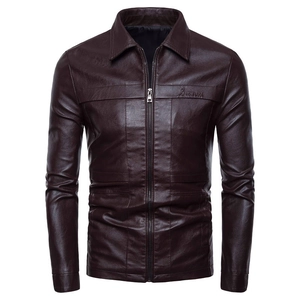 Dunkelbraune Herren Kunstlederjacke mit Reverskragen und Reißverschluss im Biker-Stil