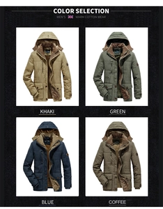 Selection of winter hooded jackets in khaki, green, blue, and coffee colors for men