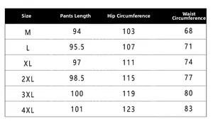Tableau des tailles détaillé pour pantalons de sport en coton homme de M à 4XL avec mesures