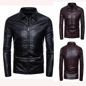 Herren-Kunstlederjacke mit Stehkragen und Stickerei, schmale Passform in Schwarz und Braun