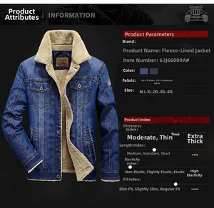 Detail of blue denim jacket showing premium fleece lining and cotton blend material specs