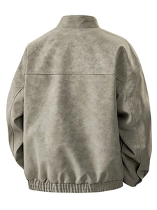 Herren Vintage Jacke aus grauem mattem PU-Leder mit Stehkragen und lockerem Schnitt
