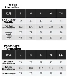 Tableau des tailles détaillé pour survêtement camouflage homme avec veste et pantalon