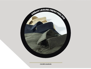 Detail view of cotton twill men's shirts in olive green, navy blue, and khaki colors