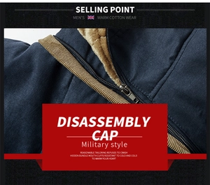 Detail of military style winter jacket with detachable hood and fleece lining texture
