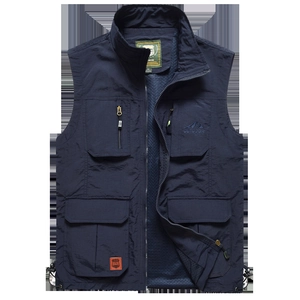 Men's dark blue outdoor cargo vest with multi-pockets, stand collar and mesh lining