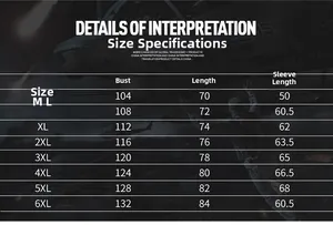 Detailed size chart for men's slim fit long sleeve shirts from size M to 6XL