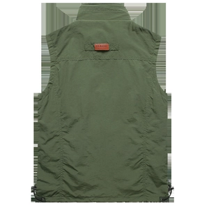 Olive green outdoor vest with classic back label and adjustable drawstrings at the hem