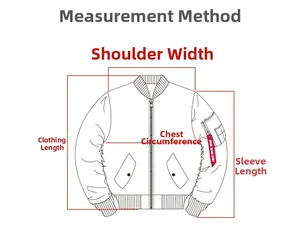 Size chart showing measurement guide for men's bomber jacket with red indicators