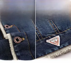 Detail of blue denim jacket showing copper buttons, sherpa lining, and Vogue brand patch